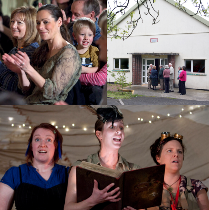 3 delwedd montage - dynes yn clapio, neuadd gymunedol a 3 gwraig ar y llwyfan. Credyd; Betina Skovbro